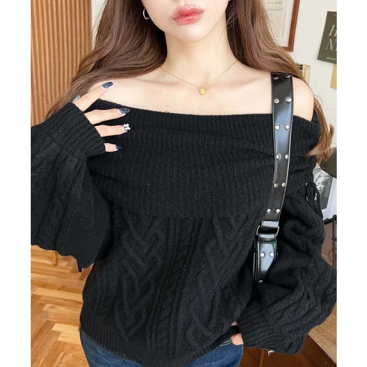 ハートケーブルドロストリボンオフショルニット長袖プルオーバー | moment+ | 詳細画像7 