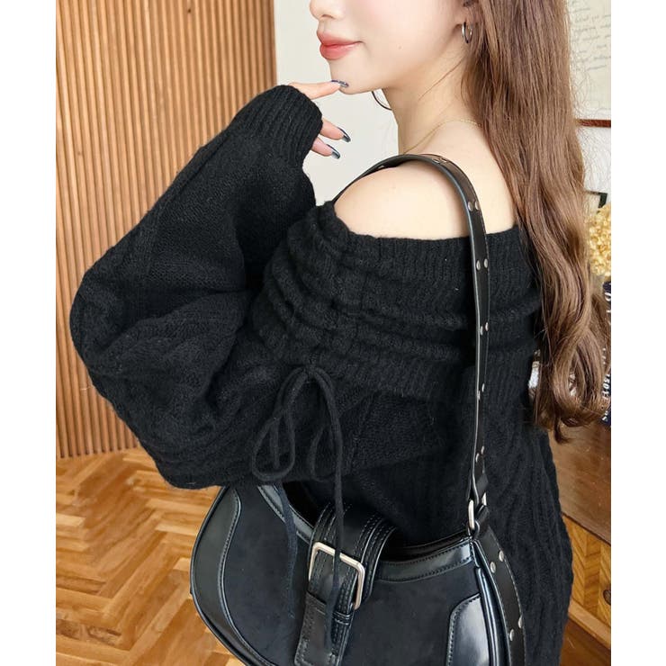 ハートケーブルドロストリボンオフショルニット長袖プルオーバー | moment+ | 詳細画像8 