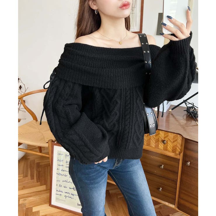 ハートケーブルドロストリボンオフショルニット長袖プルオーバー | moment+ | 詳細画像9 