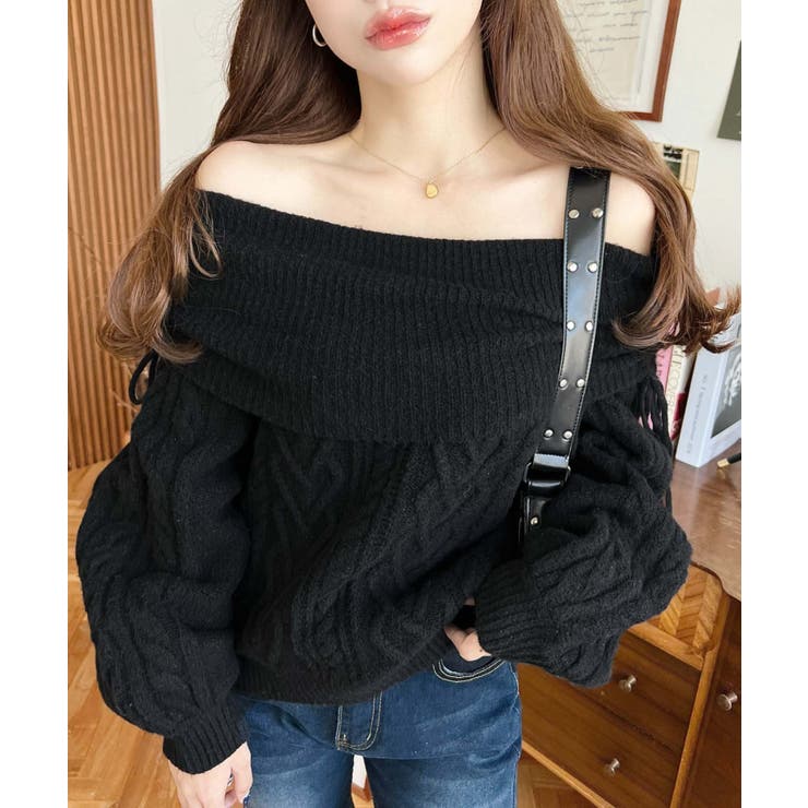 ブラック | ハートケーブルドロストリボンオフショルニット長袖プルオーバー | moment+