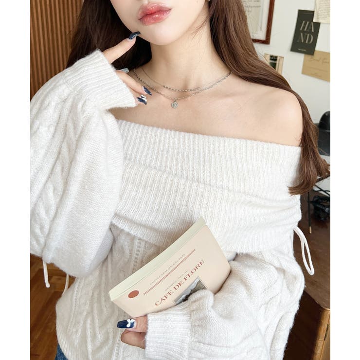 アイボリー | ハートケーブルドロストリボンオフショルニット長袖プルオーバー | moment+