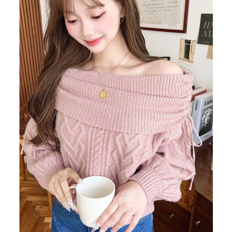 ピンク | ハートケーブルドロストリボンオフショルニット長袖プルオーバー | moment+