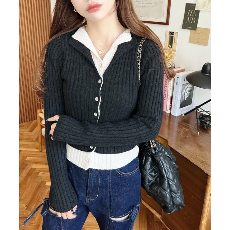 ブラック | レイヤードカーディガン風リブニットトップス | moment+