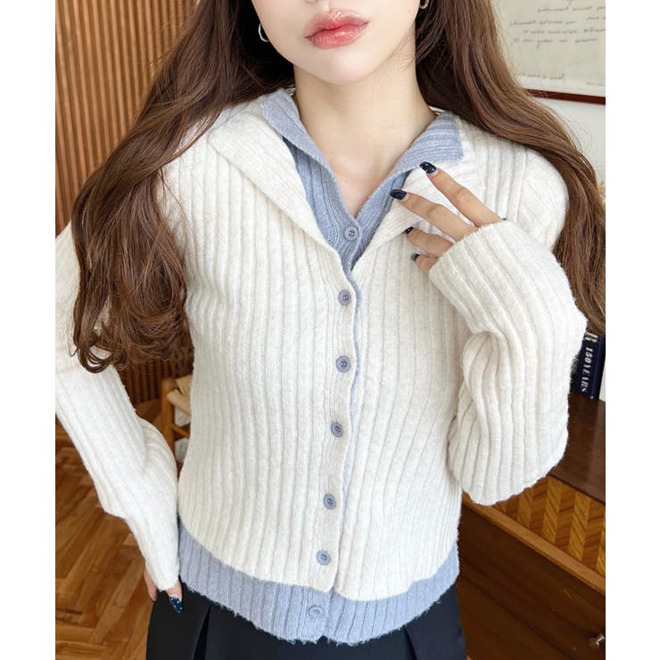 アイボリー | レイヤードカーディガン風リブニットトップス | moment+