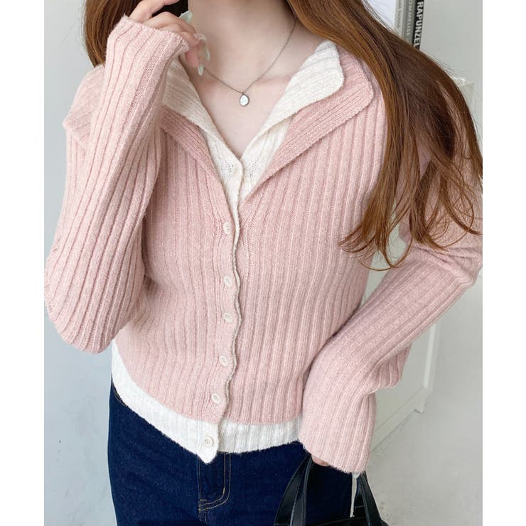 ピンク | レイヤードカーディガン風リブニットトップス | moment+