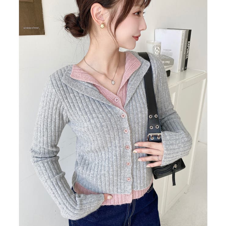 グレー | レイヤードカーディガン風リブニットトップス | moment+