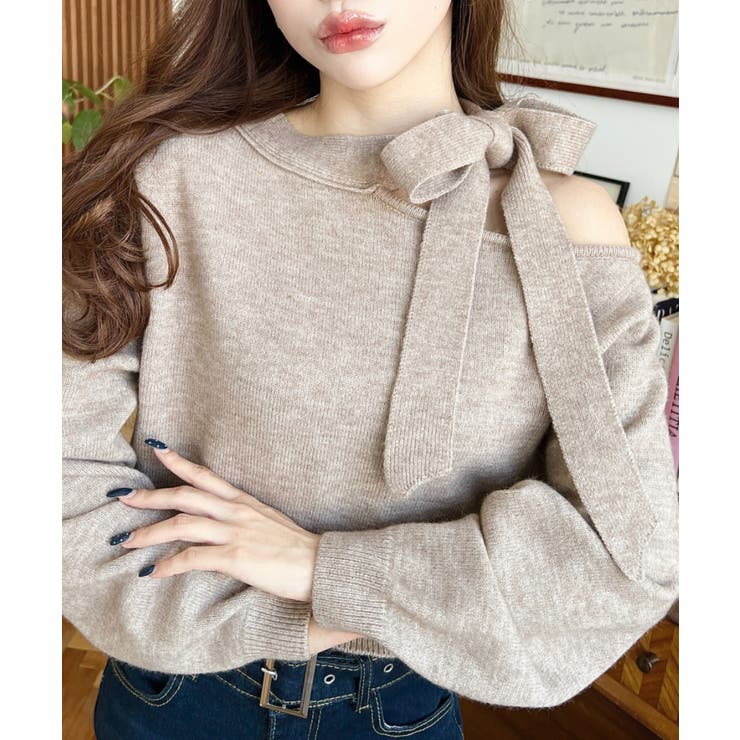 ボウタイリボンワンショルニットプルオーバー[品番：ERMW0004072