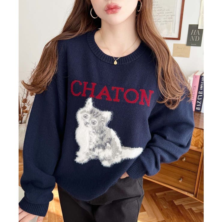 Wジャガードドッグ&キャット長袖ニットプルオーバー | moment+ | 詳細画像2 