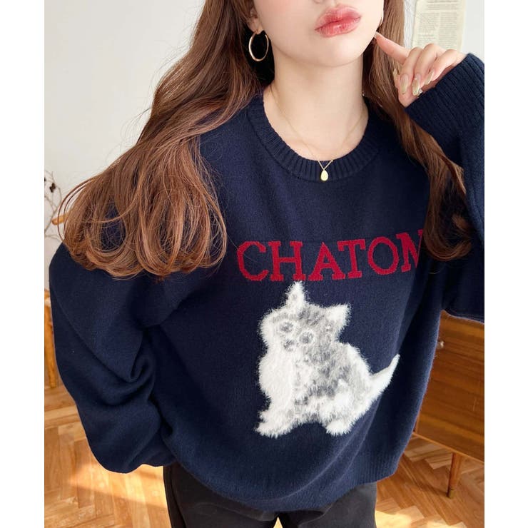 Wジャガードドッグ&キャット長袖ニットプルオーバー | moment+ | 詳細画像3 