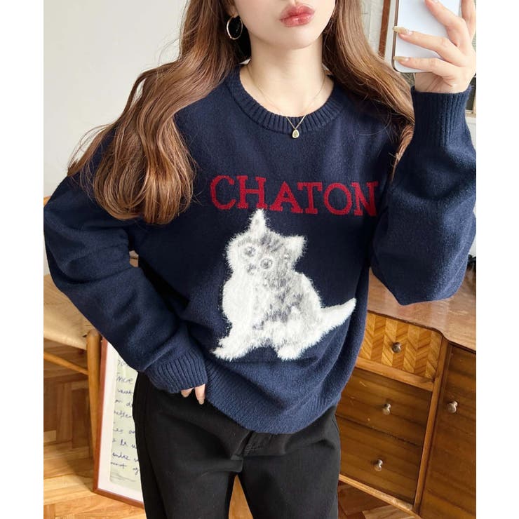 Wジャガードドッグ&キャット長袖ニットプルオーバー | moment+ | 詳細画像5 