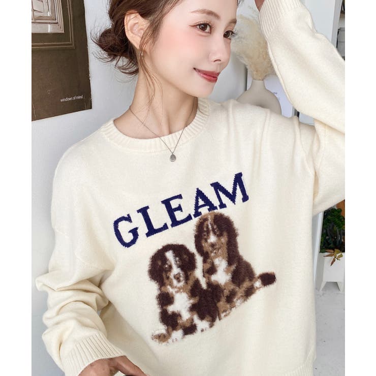 ホワイト系 | Wジャガードドッグ&キャット長袖ニットプルオーバー | moment+