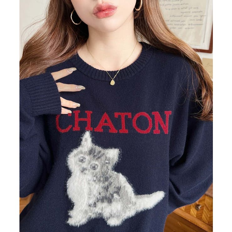 ネイビー | Wジャガードドッグ&キャット長袖ニットプルオーバー | moment+