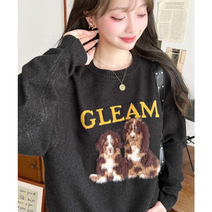 グレー系 | Wジャガードドッグ&キャット長袖ニットプルオーバー | moment+