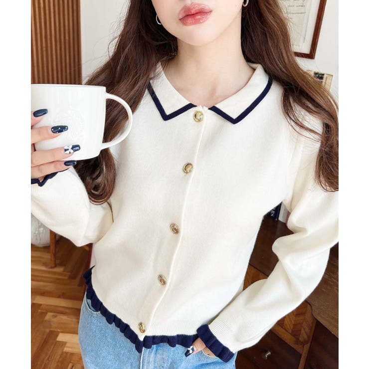 えり付き配色フリルカーディガン | moment+ | 詳細画像2 