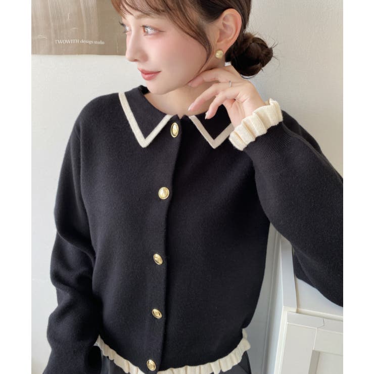 ブラック | えり付き配色フリルカーディガン | moment+