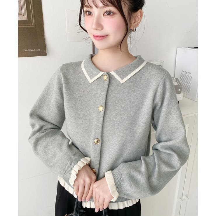 杢グレー | えり付き配色フリルカーディガン | moment+