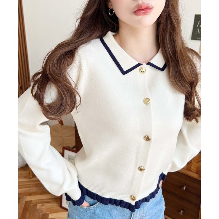 アイボリー | えり付き配色フリルカーディガン | moment+