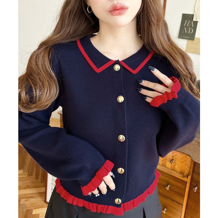 ネイビー | えり付き配色フリルカーディガン | moment+