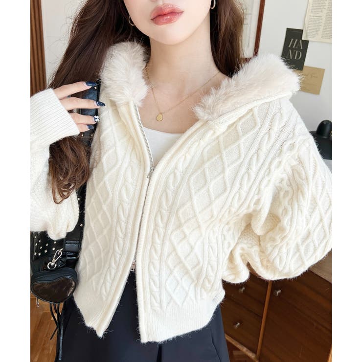 フードファージップアップケーブルニットカーディガン | moment+ | 詳細画像10 