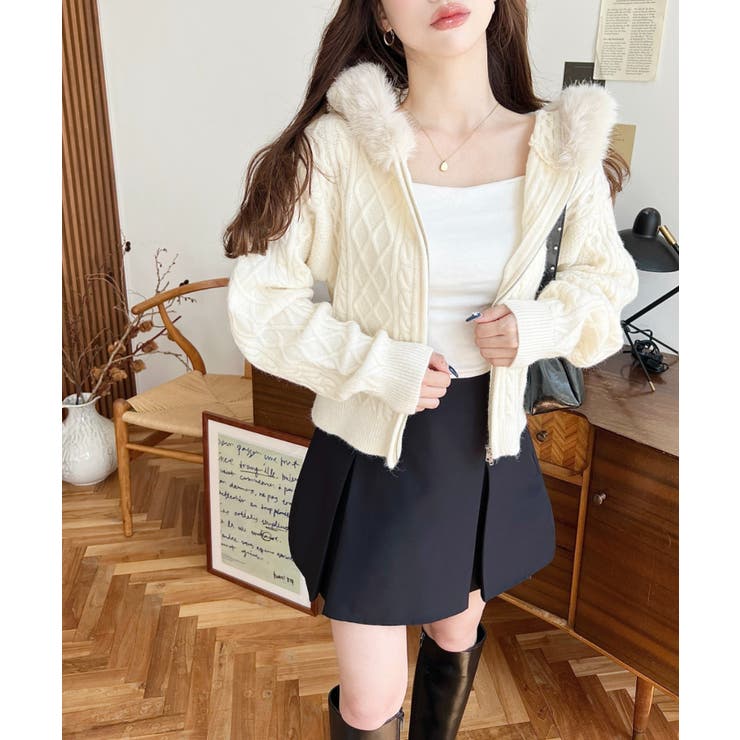 フードファージップアップケーブルニットカーディガン | moment+ | 詳細画像12 