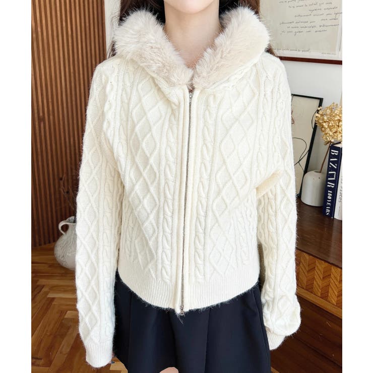 フードファージップアップケーブルニットカーディガン | moment+ | 詳細画像13 