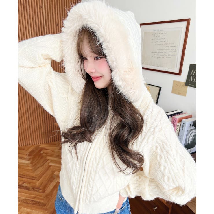 フードファージップアップケーブルニットカーディガン | moment+ | 詳細画像2 