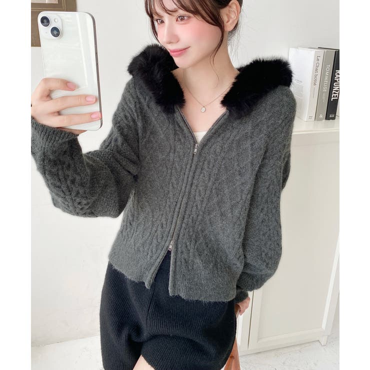 フードファージップアップケーブルニットカーディガン | moment+ | 詳細画像25 