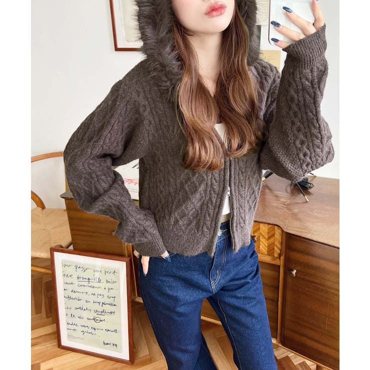 フードファージップアップケーブルニットカーディガン[品番