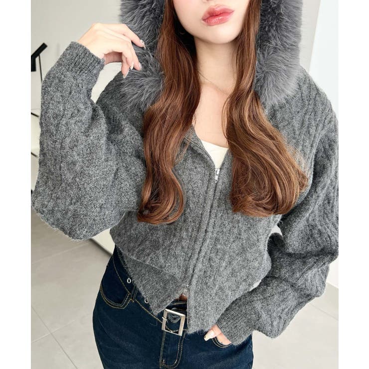 フードファージップアップケーブルニットカーディガン[品番