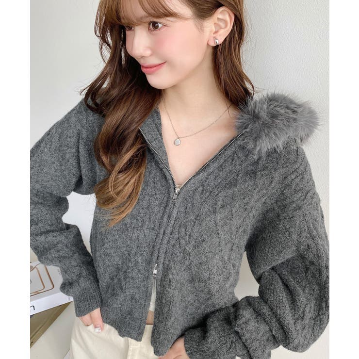 フードファージップアップケーブルニットカーディガン | moment+ | 詳細画像35 