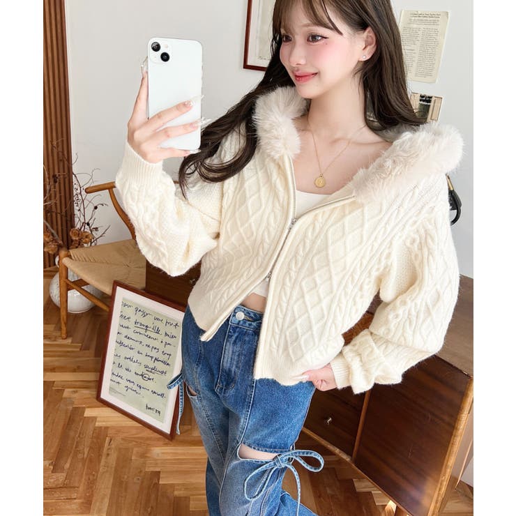 フードファージップアップケーブルニットカーディガン | moment+ | 詳細画像5 