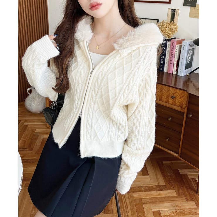 フードファージップアップケーブルニットカーディガン | moment+ | 詳細画像9 