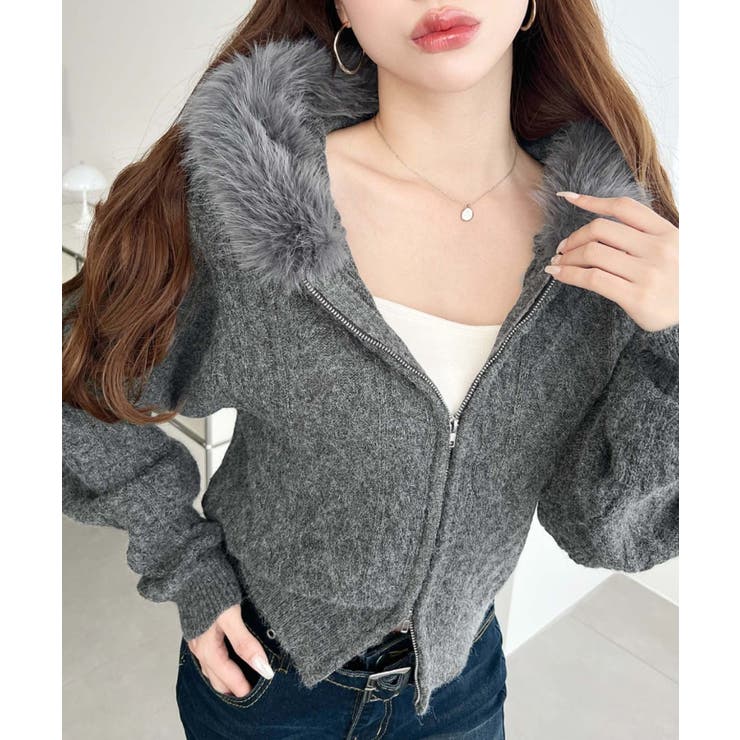 杢グレー | フードファージップアップケーブルニットカーディガン | moment+