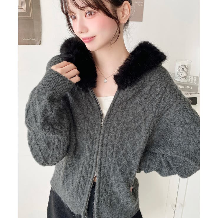 チャコールグレー | フードファージップアップケーブルニットカーディガン | moment+