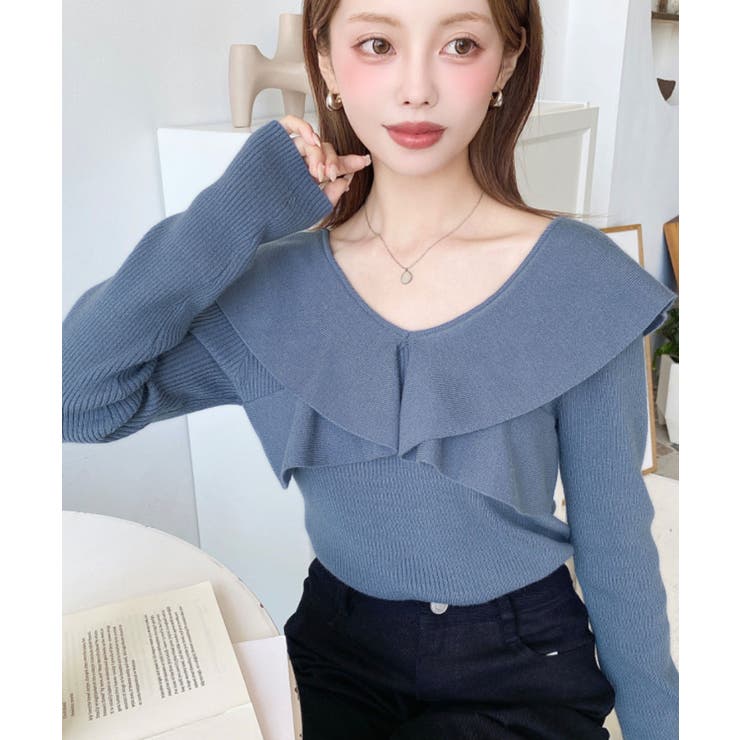 フリルニットプルオーバー 12G [品番：ERMW0003910]｜moment+