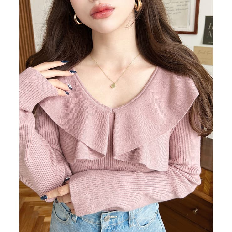 ピンクベージュ | フリルニットプルオーバー 12G | moment+