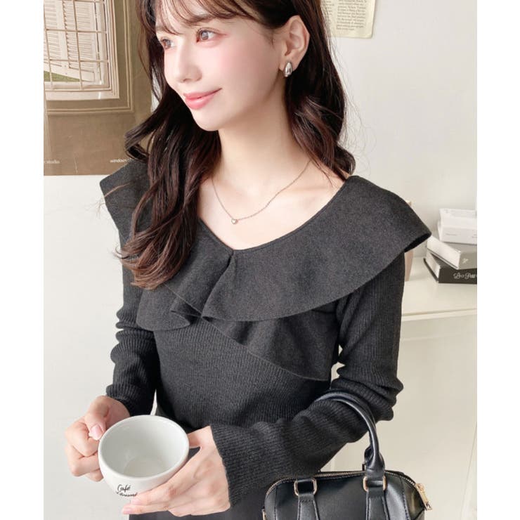 チャコールグレー | フリルニットプルオーバー 12G | moment+