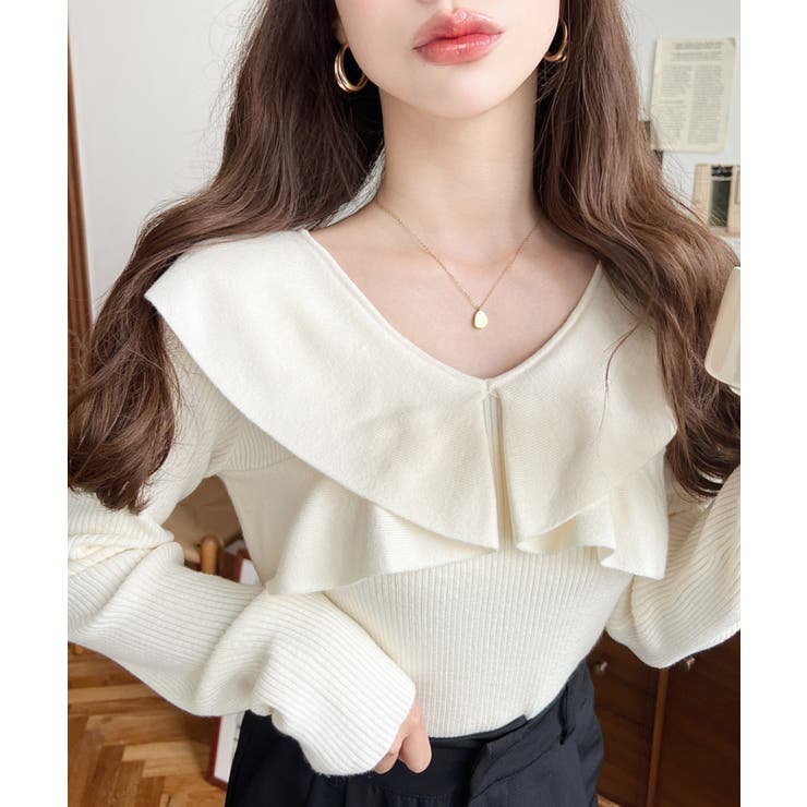 【はづき】【美品】①フリルスリーブニットプルオーバー ＆②ボウタイブラウス 配色フリルスリーブニットプルオーバー