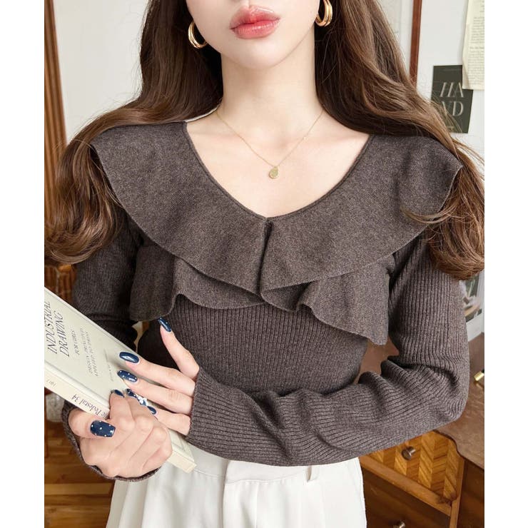 ブラウン系その他 | フリルニットプルオーバー 12G | moment+