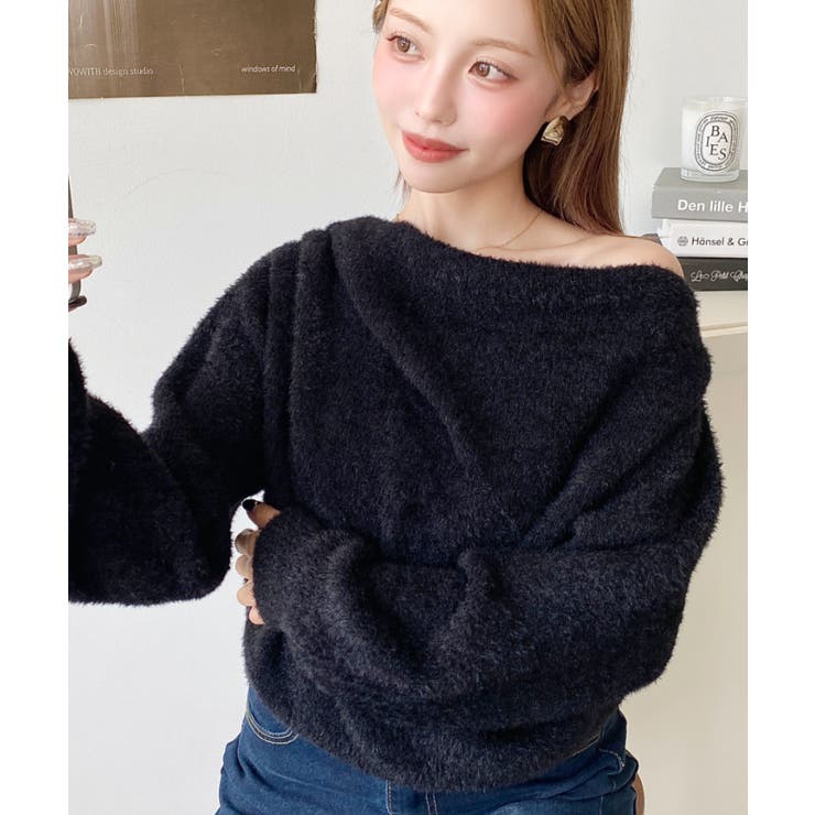 ワンショルドレープフェザーニットプルオーバー(ドレープニット）[品番