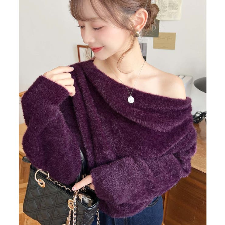 パープル | ワンショルドレープフェザーニットプルオーバー(ドレープニット） | moment+