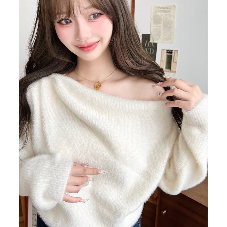 アイボリー | ワンショルドレープフェザーニットプルオーバー(ドレープニット） | moment+