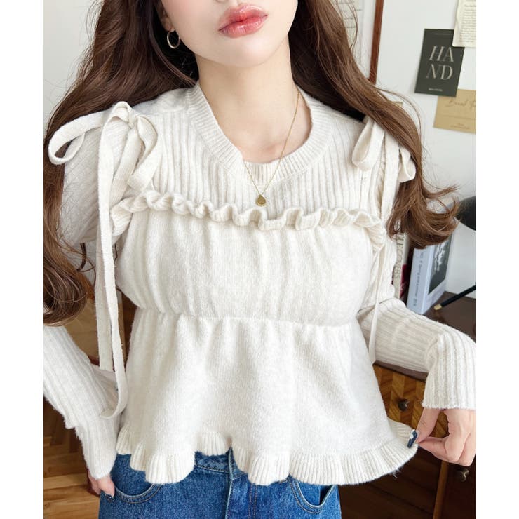 アイボリー | シャーリングギャザーリボンキャミ＋ニットプルオーバーセット | moment+