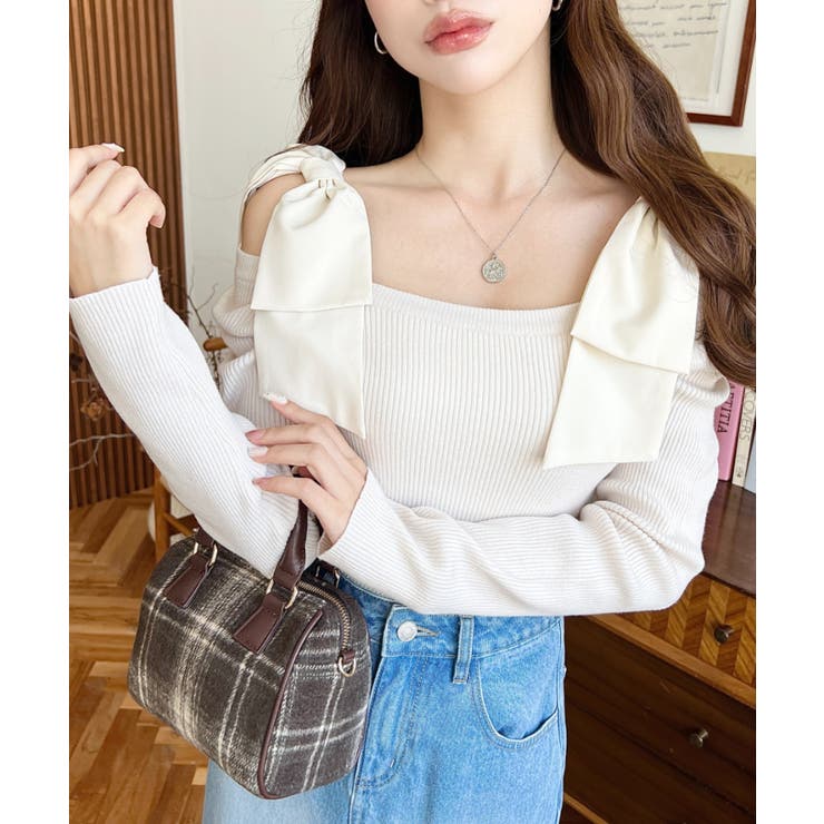 リボンストラップ2WAYオフショルニットトップス | moment+ | 詳細画像11 