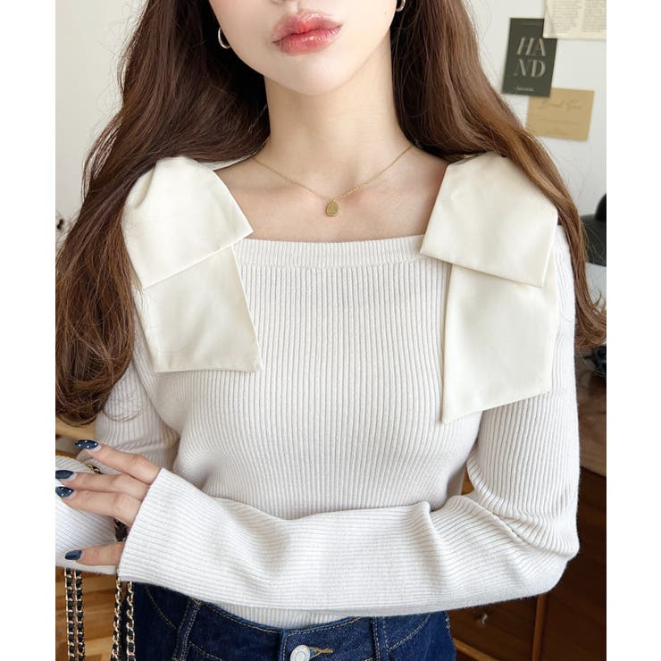 リボンストラップ2WAYオフショルニットトップス | moment+ | 詳細画像2 