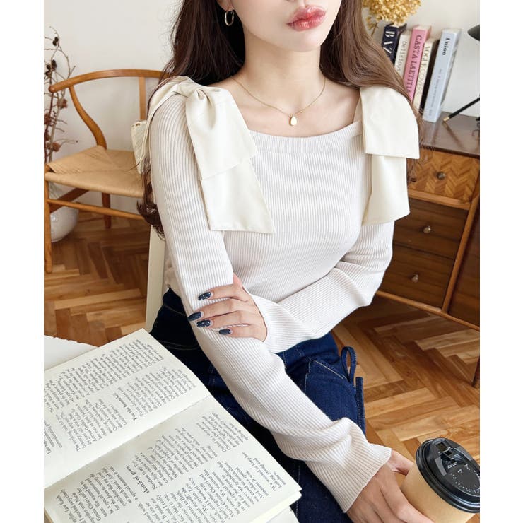 リボンストラップ2WAYオフショルニットトップス | moment+ | 詳細画像3 