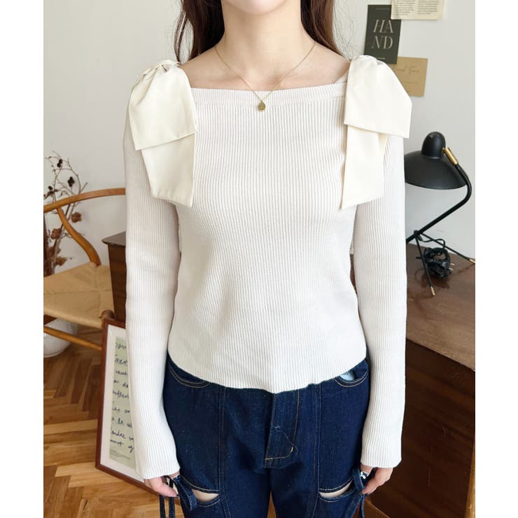 リボンストラップ2WAYオフショルニットトップス | moment+ | 詳細画像5 