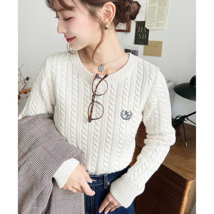 刺繍入りケーブルショート丈ニットプルオーバー | moment+ | 詳細画像12 
