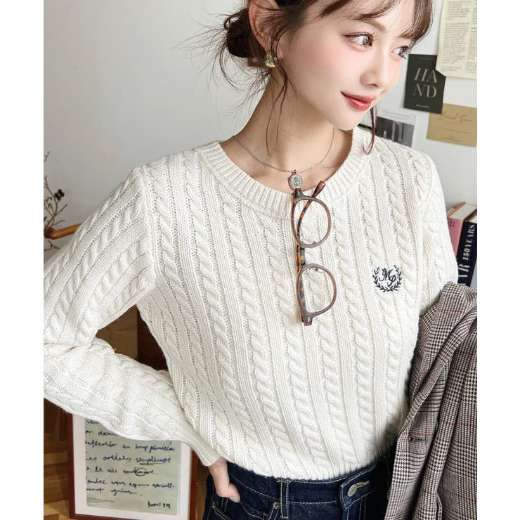 刺繍入りケーブルショート丈ニットプルオーバー | moment+ | 詳細画像14 