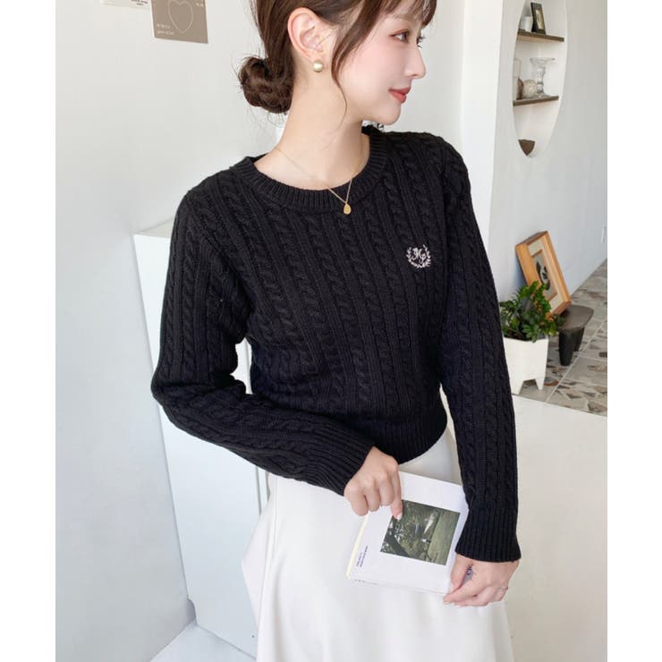 刺繍入りケーブルショート丈ニットプルオーバー | moment+ | 詳細画像16 